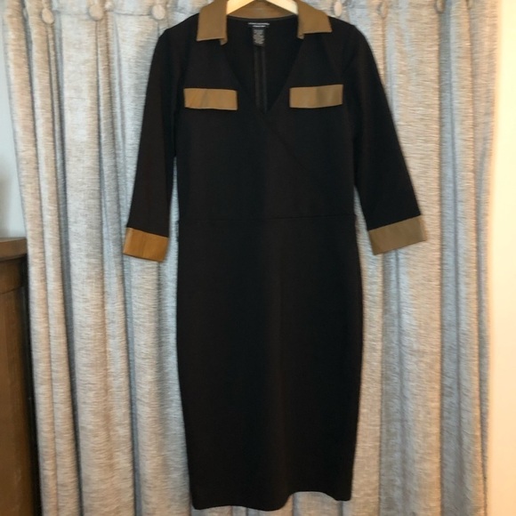Doncaster Collection Black Collared Faux Wrap Dress with Leather Trim Size 2 - Picture 2 of 12
